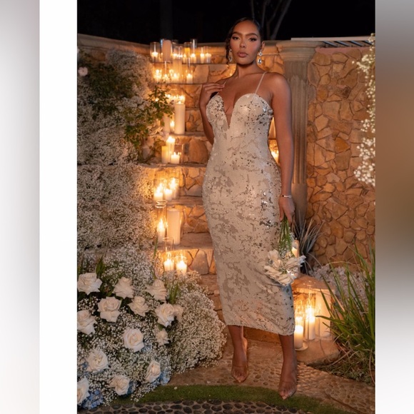 Worn once, JLUXLABEL Stone Gilded Sequin Maxi Dress - Picture 1 of 2